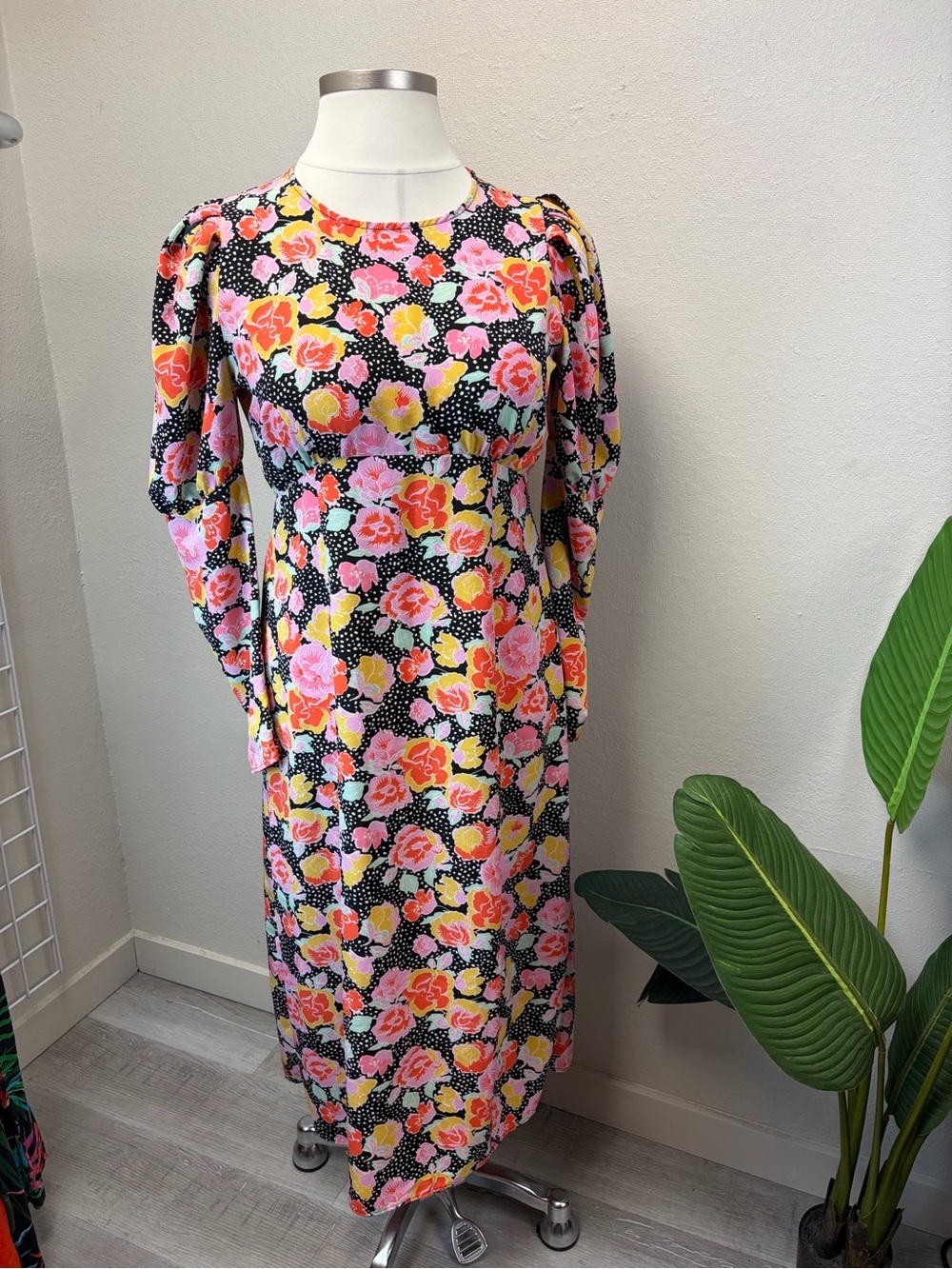 Topshop Black Maxi Dress with Pink & Yellow Floral Print